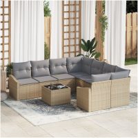 9 Delars Trädgårds Matgrupp med Kuddar Beige Poly Rattan vidaXL