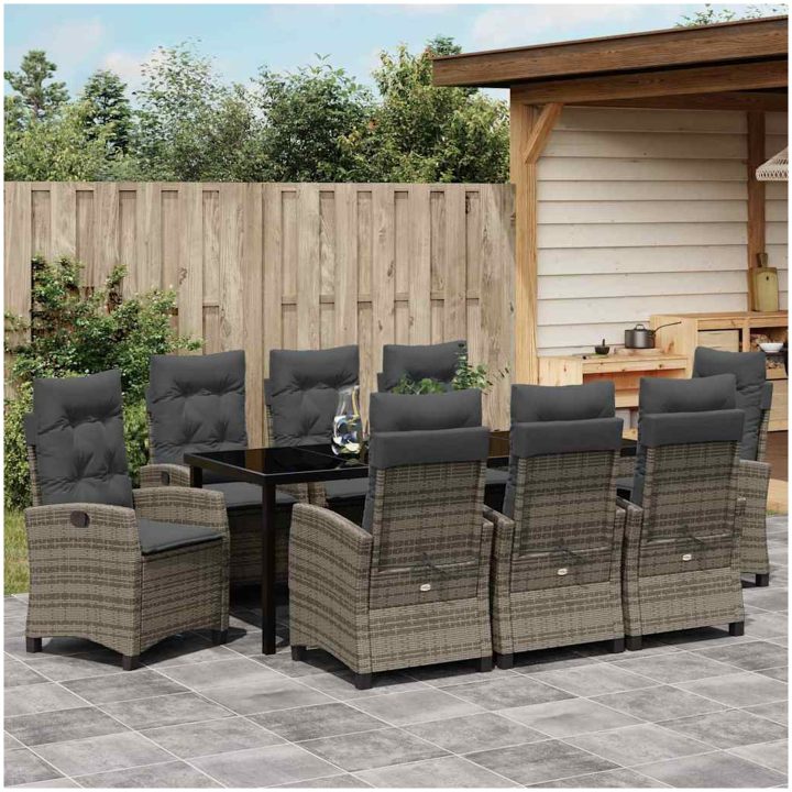 9 Delars Trädgårds Matgrupp med Kuddar - Grå Poly Rattan vidaXL 200 x 80 x 73 cm – bild 4