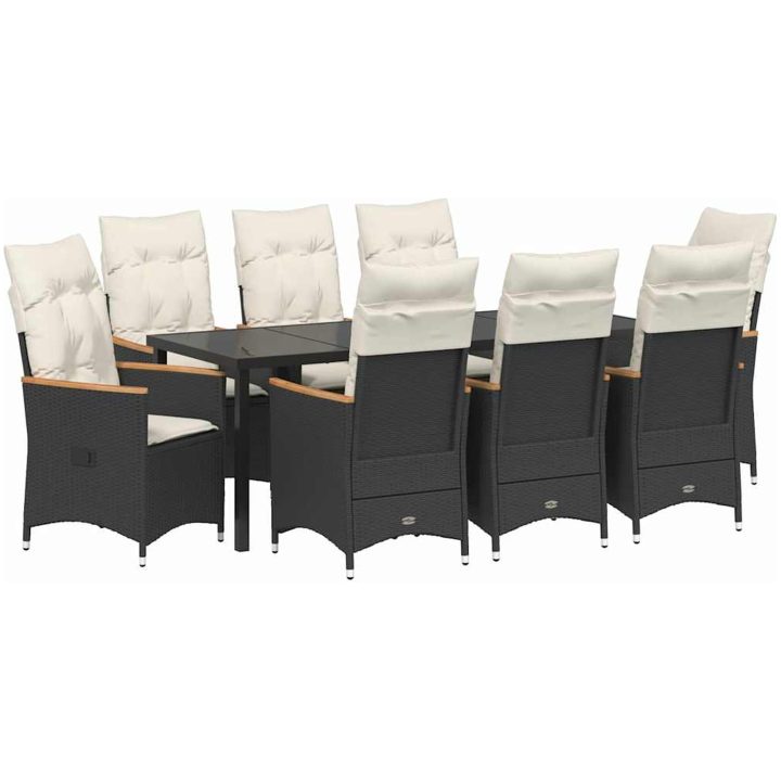 9-delars trädgårds matgrupp med kuddar i svart poly rattan vidaXL 200 x 80 x 73 cm – bild 2