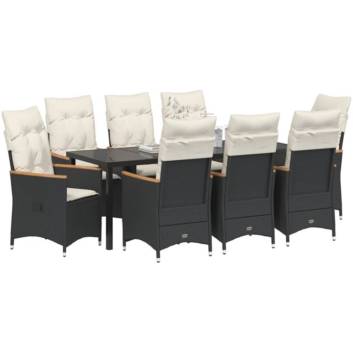 9-delars trädgårds matgrupp med kuddar i svart poly rattan vidaXL 200 x 80 x 73 cm – bild 3