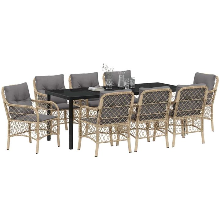 9-delars trädgårds matsalsset med kuddar, beige poly rattan. vidaXL 200 x 80 x 73 cm – bild 3