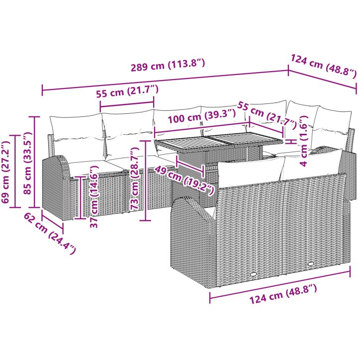 9-delars trädgårds matsalsset med kuddar grå polyrotting akacia vidaXL 100 x 55 x 73 cm – bild 11