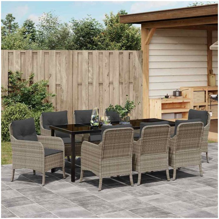9-delars trädgårds-matsalsset med kuddar Ljusgrå Poly Rattan vidaXL 200 x 80 x 73 cm – bild 4