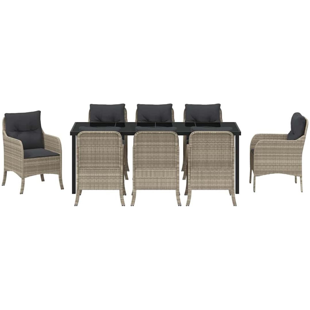 9-delars trädgårds-matsalsset med kuddar Ljusgrå Poly Rattan vidaXL 200 x 80 x 73 cm – bild 6
