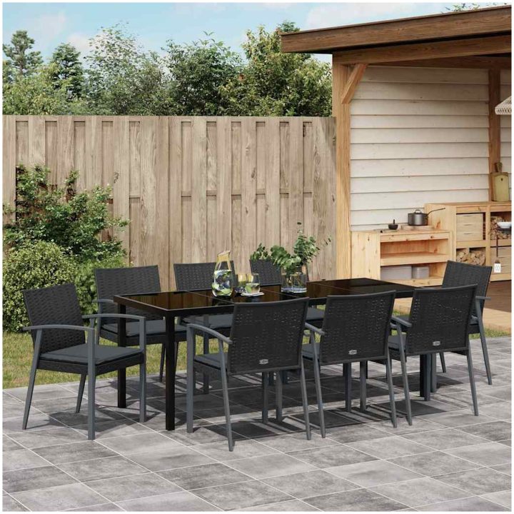 9-delars trädgårds matsalsset med kuddar svart poly rattan vidaXL 8 - Sits – bild 4