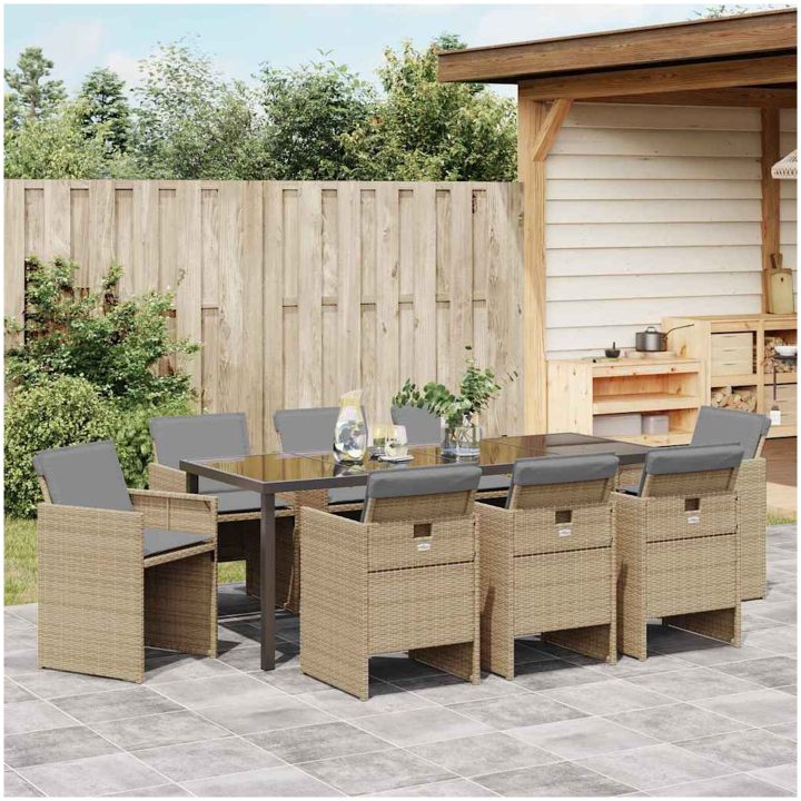 9 Delars Trädgårds Matset med Kuddar Beige Poly Rattan vidaXL Stor – bild 4