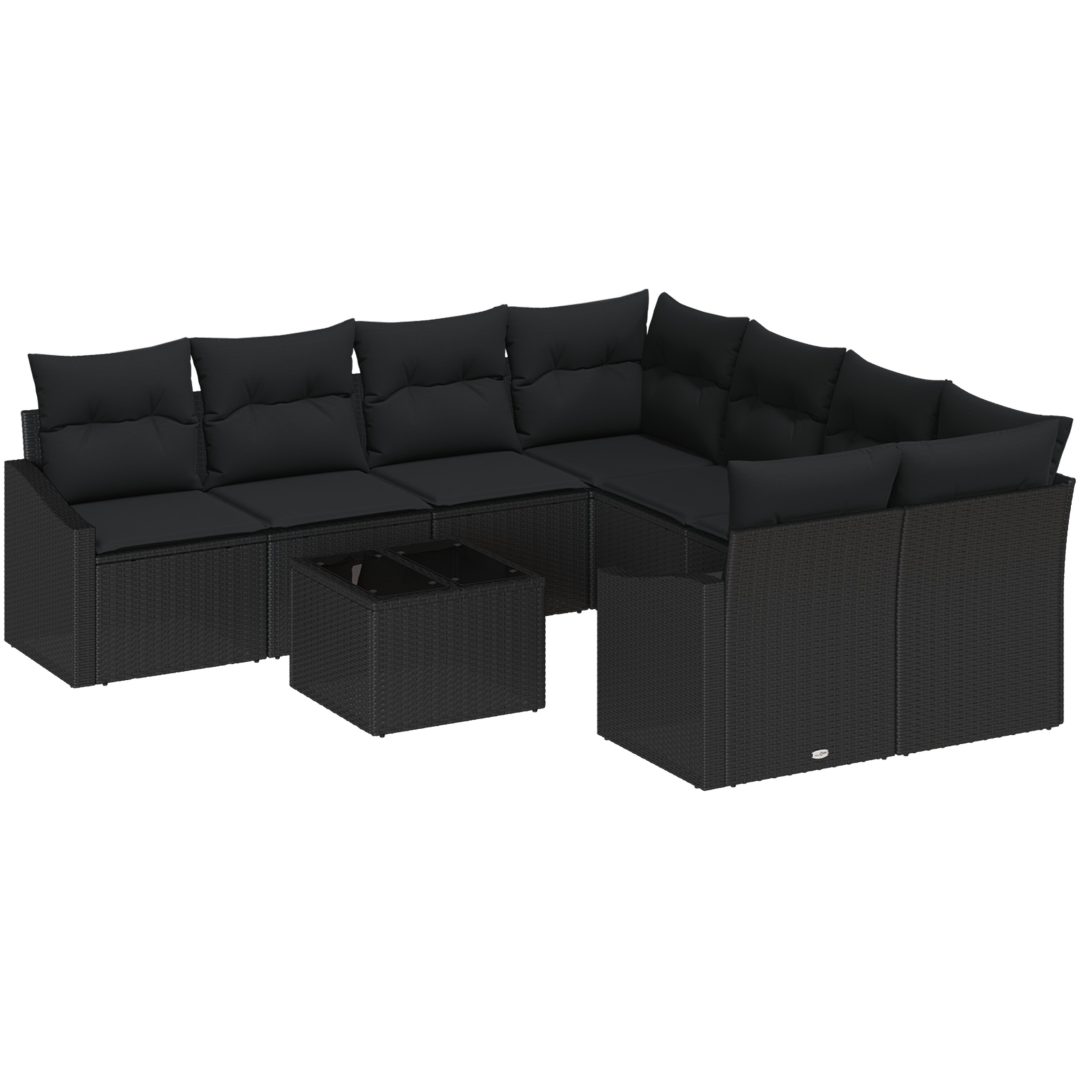 9-delars trädgårds middagsset med kuddar svart poly rotting vidaXL 55 x 55 x 37 cm – bild 2