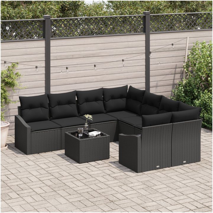 9-delars trädgårds middagsset med kuddar svart poly rotting vidaXL 55 x 55 x 37 cm – bild 3
