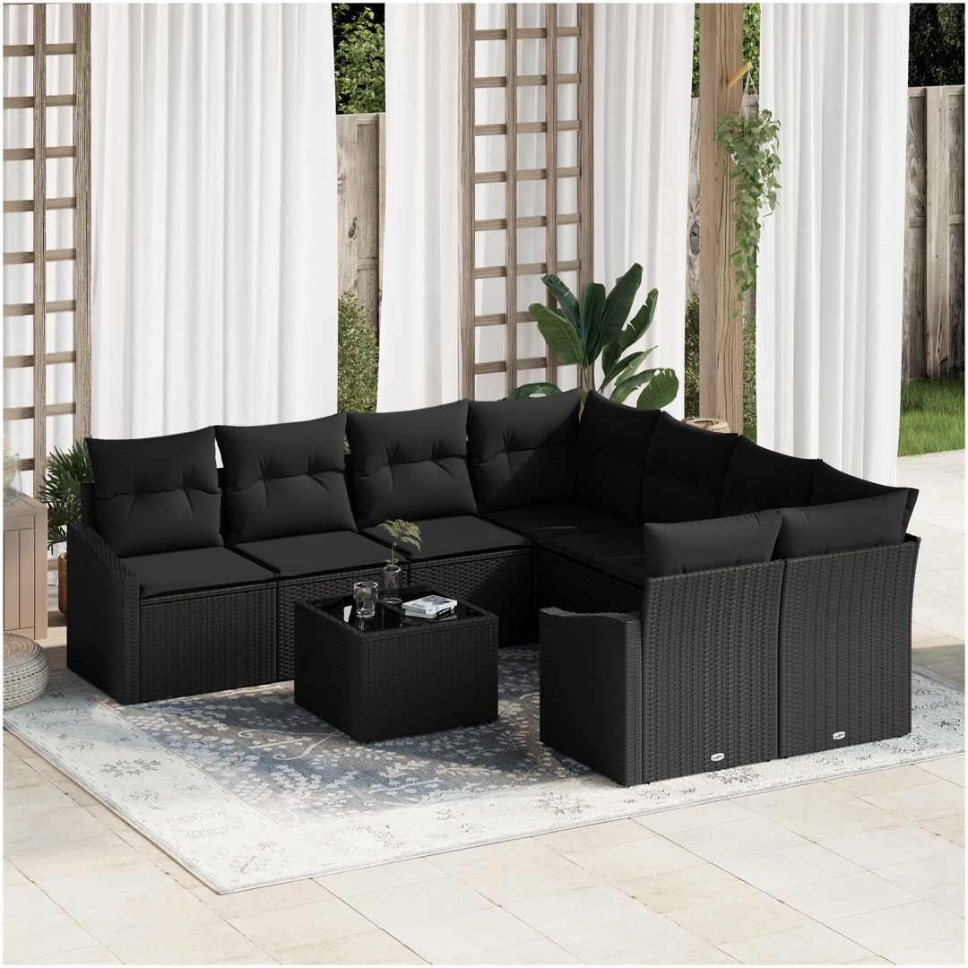 9-delars trädgårds middagsset med kuddar svart poly rotting vidaXL 55 x 55 x 37 cm