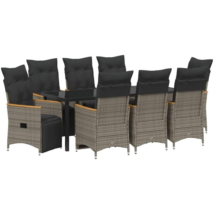 9 Delars Trädgårdsbord med kuddar i grå poly rattan vidaXL 200 x 80 x 73 cm – bild 2