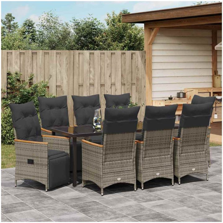9 Delars Trädgårdsbord med kuddar i grå poly rattan vidaXL 200 x 80 x 73 cm – bild 4