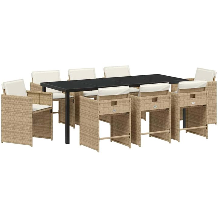 9-delars Trädgårdsbord Set med Kuddar Beige Poly Rattan vidaXL 200 x 80 x 73 cm – bild 2