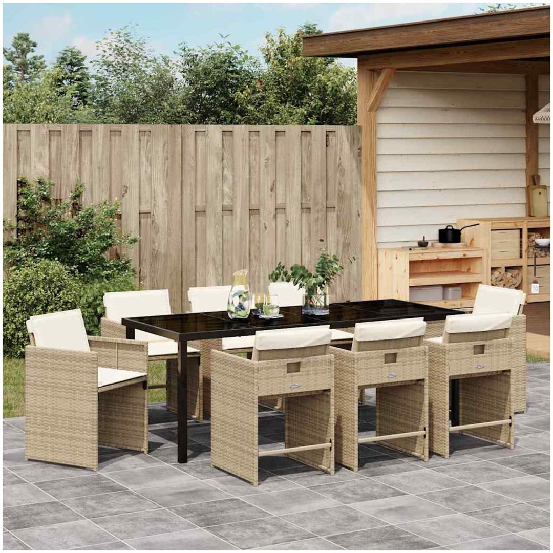 9-delars Trädgårdsbord Set med Kuddar Beige Poly Rattan vidaXL 200 x 80 x 73 cm – bild 4