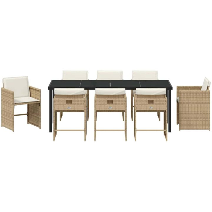 9-delars Trädgårdsbord Set med Kuddar Beige Poly Rattan vidaXL 200 x 80 x 73 cm – bild 7