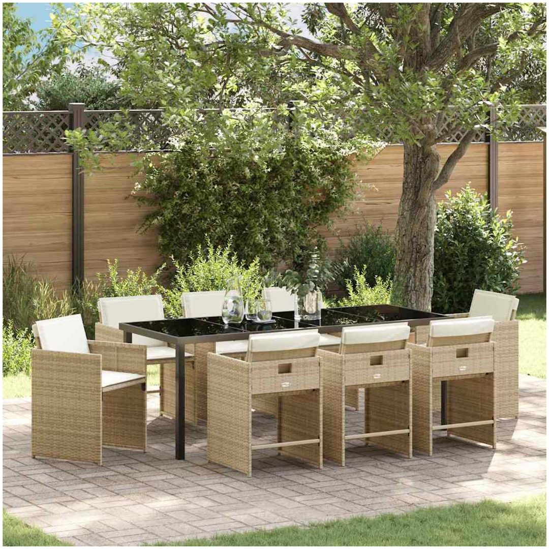 9-delars Trädgårdsbord Set med Kuddar Beige Poly Rattan vidaXL 200 x 80 x 73 cm