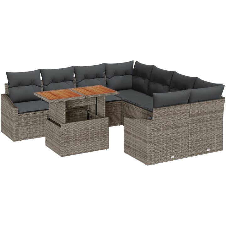 9-delars Trädgårdsbord Set med Kuddar i Grå Rattan och Akacia. vidaXL 100 x 55 x 73 cm – bild 2