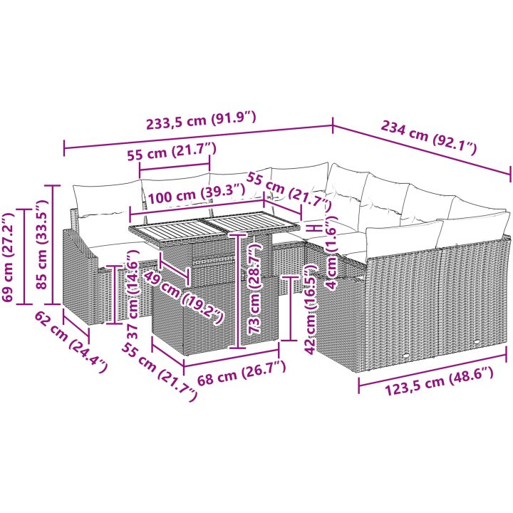 9-delars Trädgårdsbord Set med Kuddar i Grå Rattan och Akacia. vidaXL 100 x 55 x 73 cm – bild 11