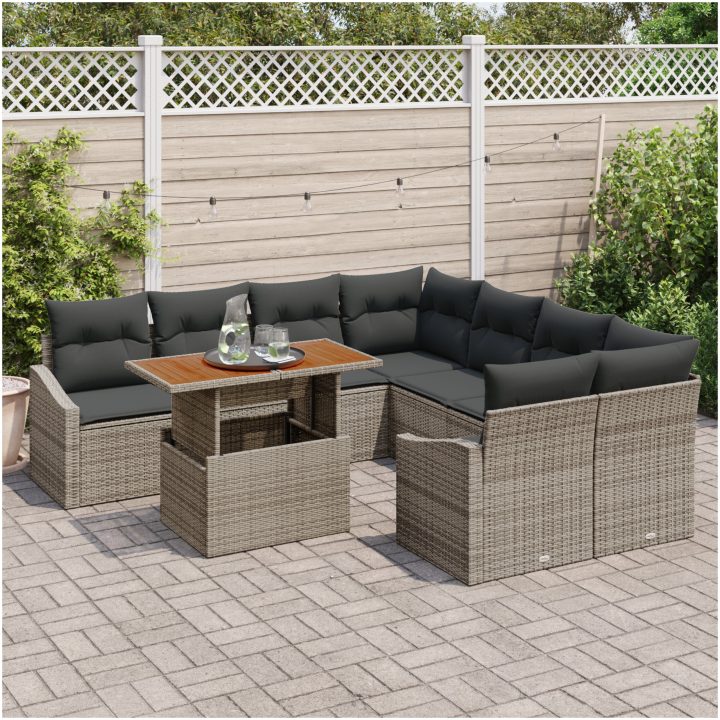 9-delars Trädgårdsbord Set med Kuddar i Grå Rattan och Akacia. vidaXL 100 x 55 x 73 cm – bild 3