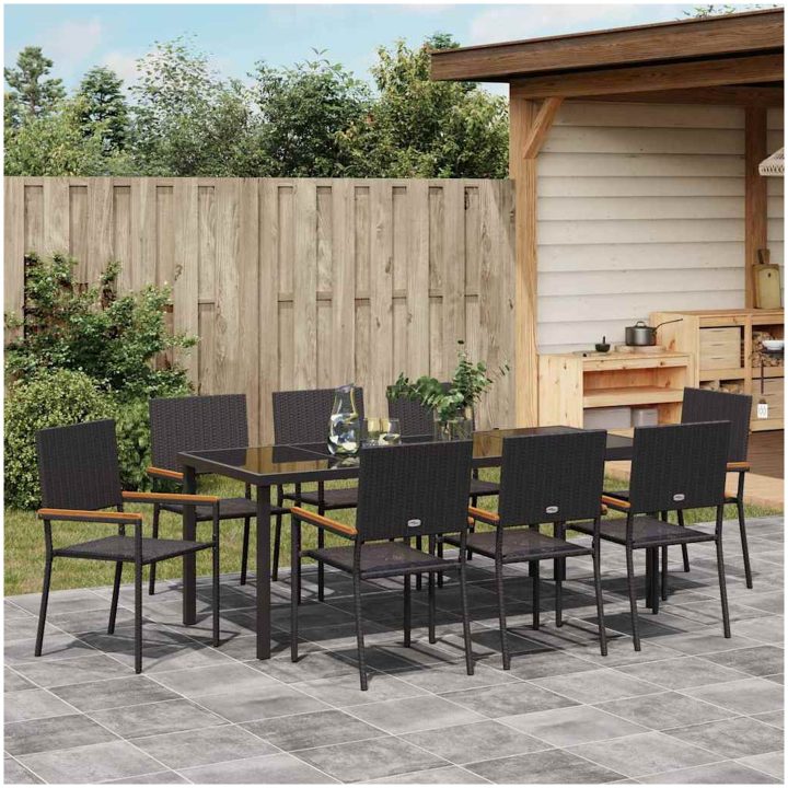9-delars trädgårdsdining set i svart polyrotting vidaXL 200 x 80 x 73 cm – bild 4