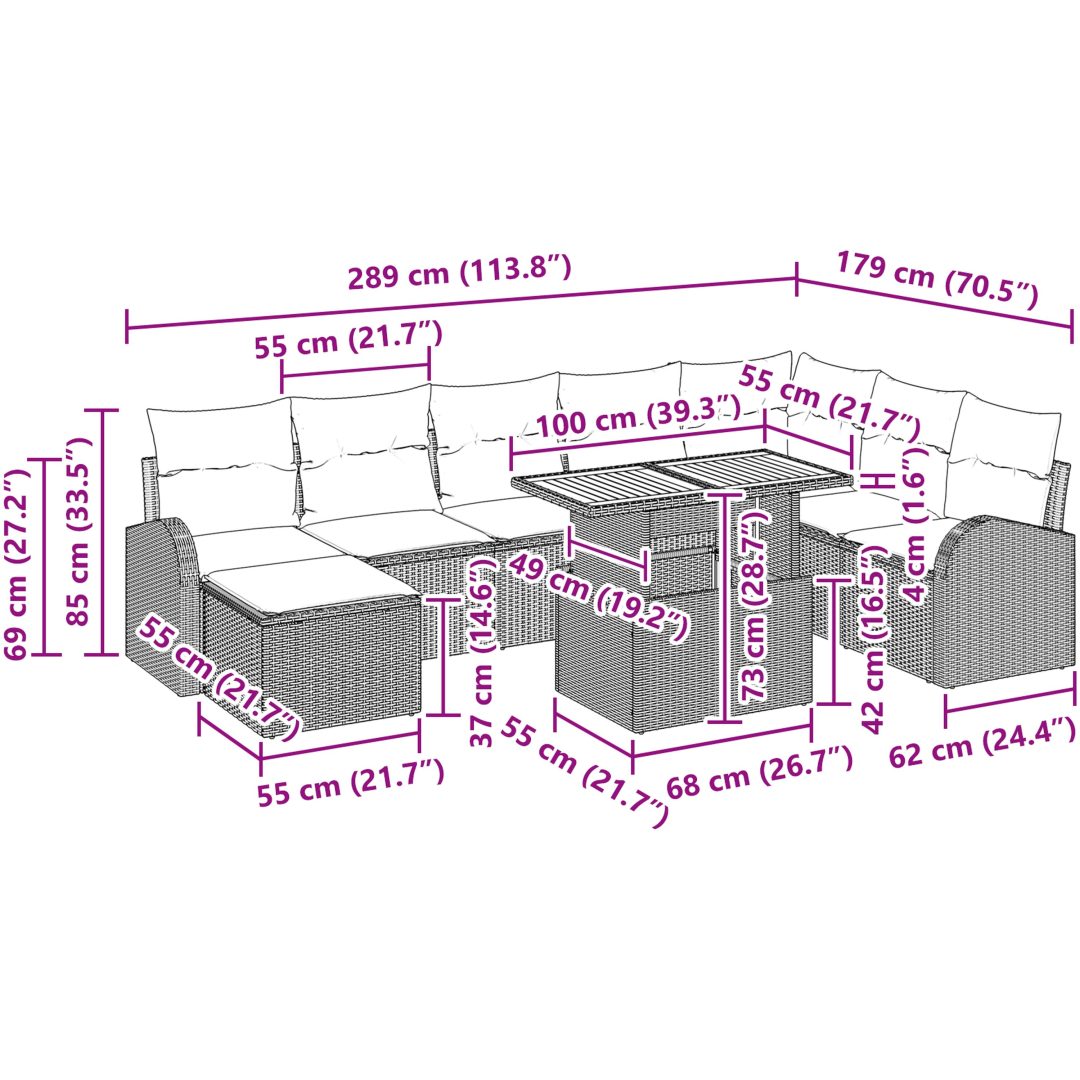 9-delars trädgårdsdining set med kuddar beige polyrotting akacia vidaXL 100 x 55 x 73 cm – bild 12