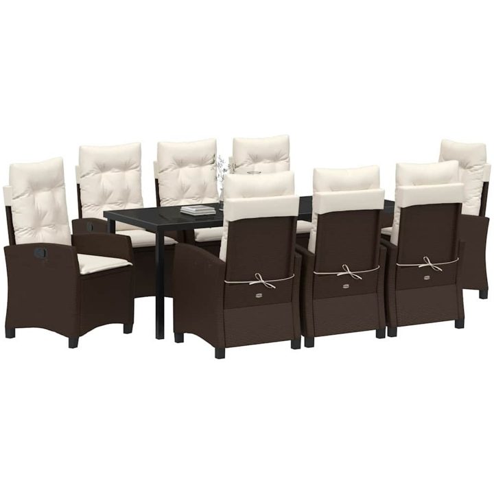 9 Delars Trädgårdsdining Set med Kuddar - Brun Poly Rattan. vidaXL 200 x 80 x 73 cm – bild 3
