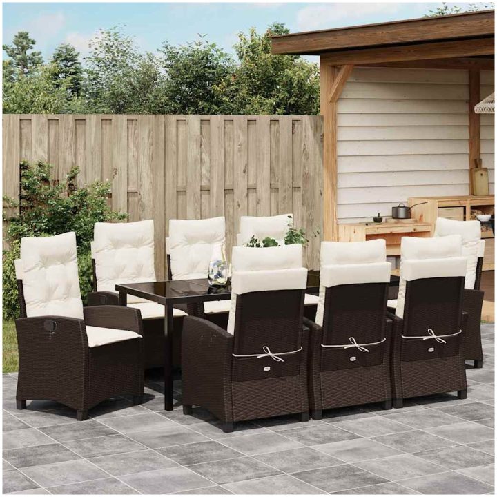 9 Delars Trädgårdsdining Set med Kuddar - Brun Poly Rattan. vidaXL 200 x 80 x 73 cm – bild 4