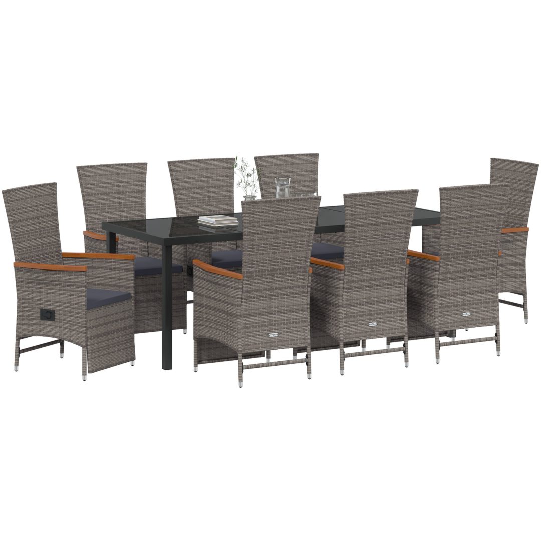 9 Delars Trädgårdsdining Set med Kuddar Grå Poly Rattan vidaXL 200 x 80 x 73 cm – bild 3