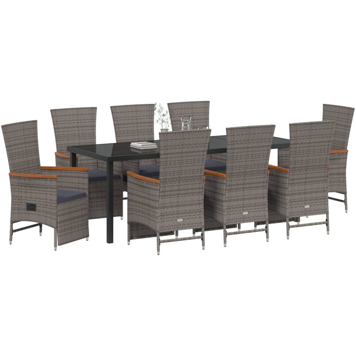 9 Delars Trädgårdsdining Set med Kuddar Grå Poly Rattan vidaXL 200 x 80 x 73 cm – bild 3