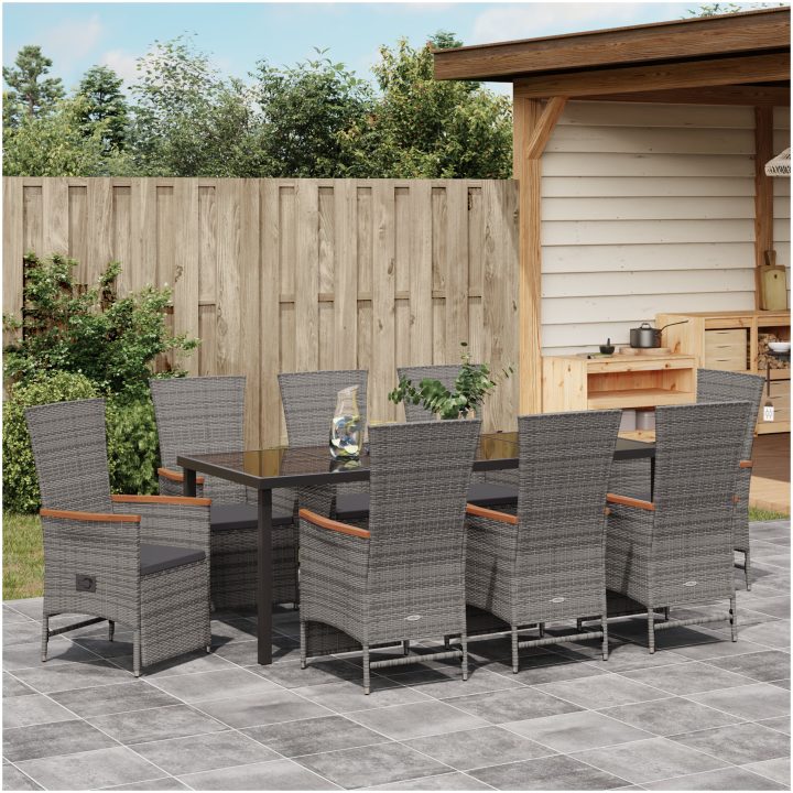 9 Delars Trädgårdsdining Set med Kuddar Grå Poly Rattan vidaXL 200 x 80 x 73 cm – bild 4
