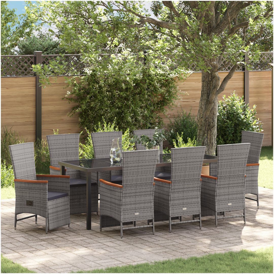 9 Delars Trädgårdsdining Set med Kuddar Grå Poly Rattan vidaXL 200 x 80 x 73 cm