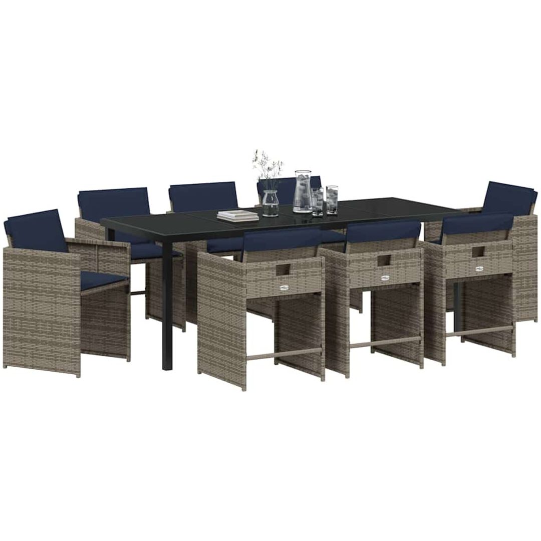 9-delars Trädgårdsdining-set med Kuddar Grå Poly Rattan vidaXL 8 - Sits – bild 3