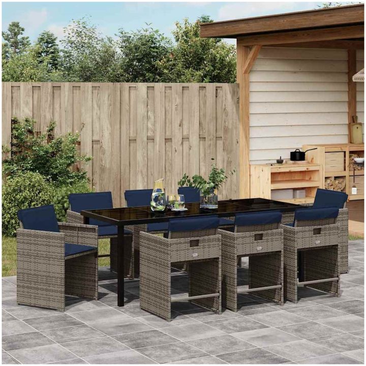 9-delars Trädgårdsdining-set med Kuddar Grå Poly Rattan vidaXL 8 - Sits – bild 4