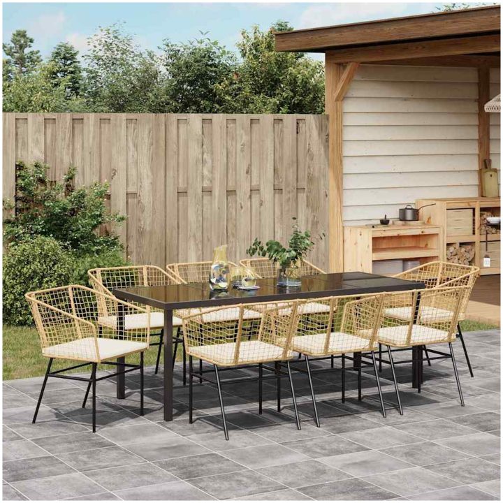9-delars Trädgårdsdining Set med Kuddar i Brun Poly Rattan vidaXL 200 x 80 x 73 cm – bild 4