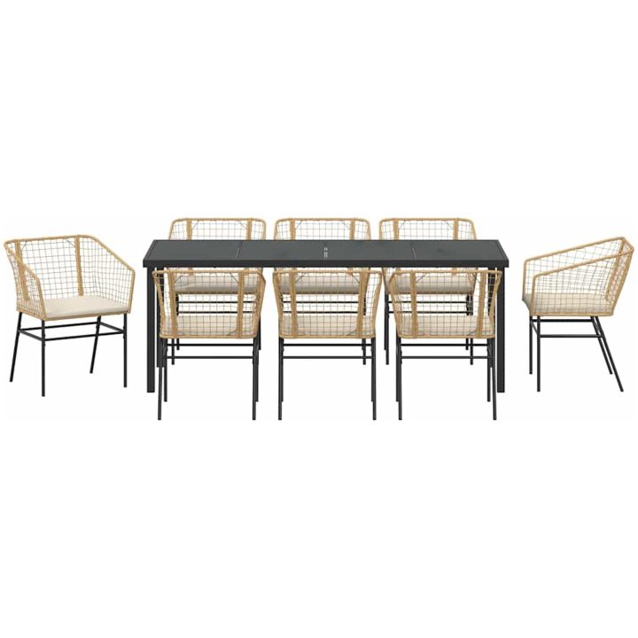 9-delars Trädgårdsdining Set med Kuddar i Brun Poly Rattan vidaXL 200 x 80 x 73 cm – bild 7