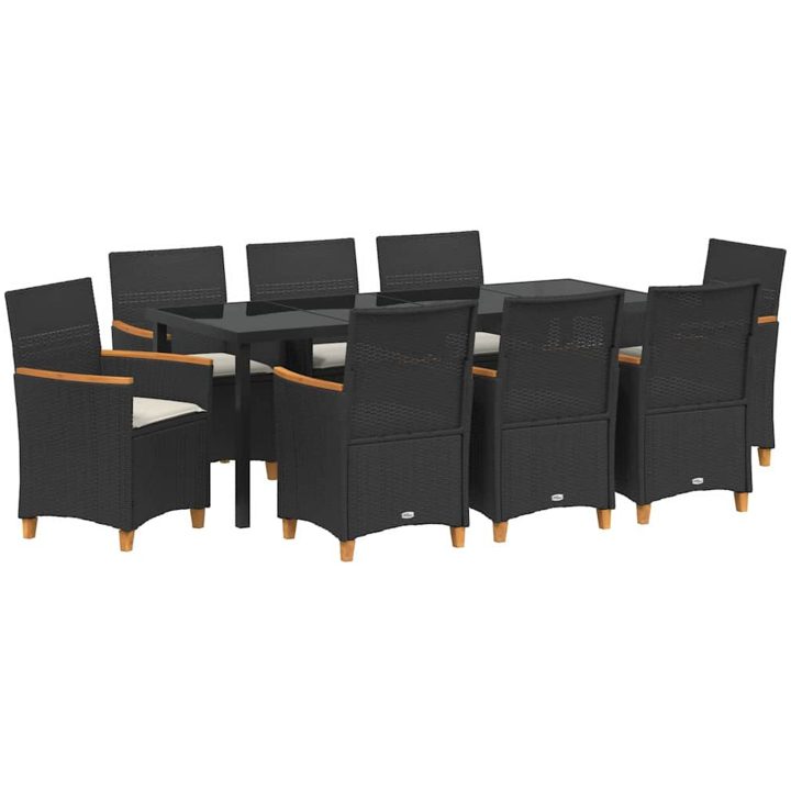 9-delars trädgårdsdining set med kuddar i svart poly rattan. vidaXL 200 x 80 x 73 cm – bild 2