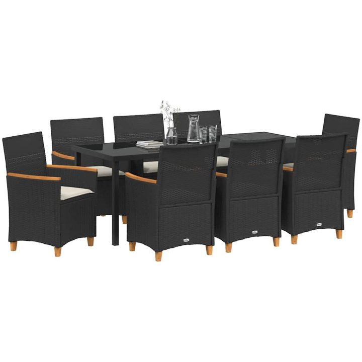9-delars trädgårdsdining set med kuddar i svart poly rattan. vidaXL 200 x 80 x 73 cm – bild 3