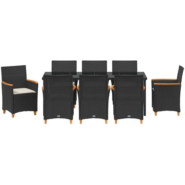 9-delars trädgårdsdining set med kuddar i svart poly rattan. vidaXL 200 x 80 x 73 cm – bild 7