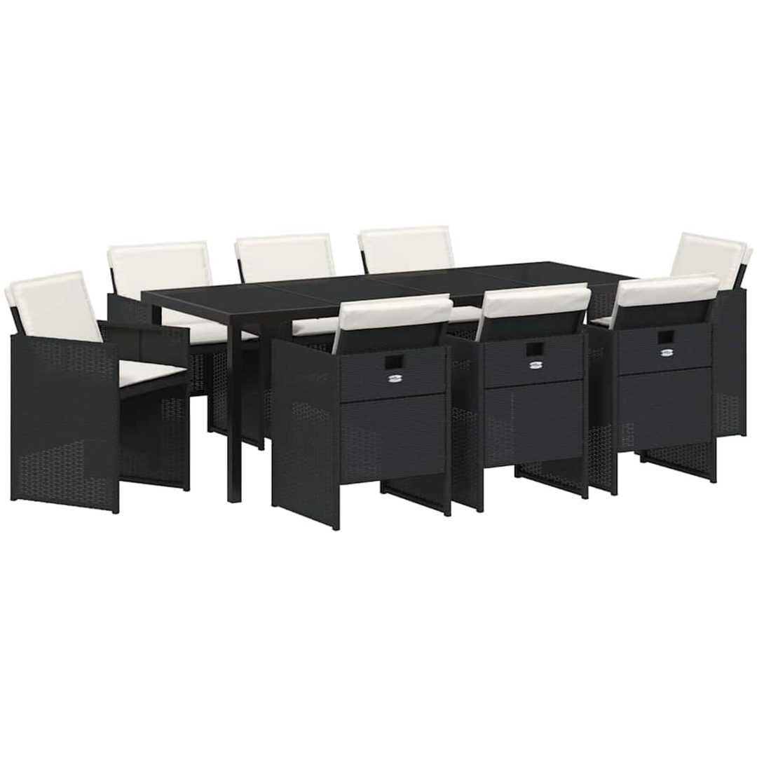 9-delars trädgårdsdining-set med kuddar i svart polyrotting vidaXL 200 x 80 x 73 cm – bild 2