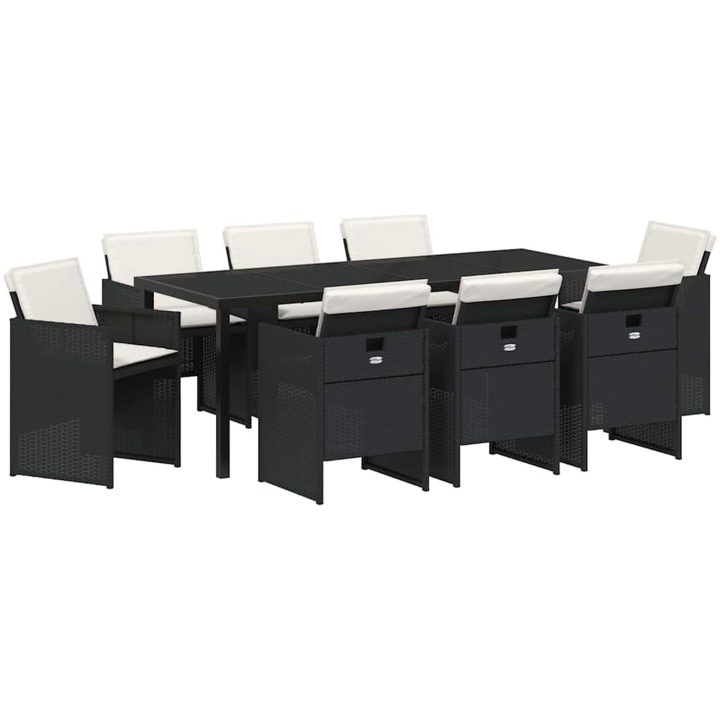 9-delars trädgårdsdining-set med kuddar i svart polyrotting vidaXL 200 x 80 x 73 cm – bild 2