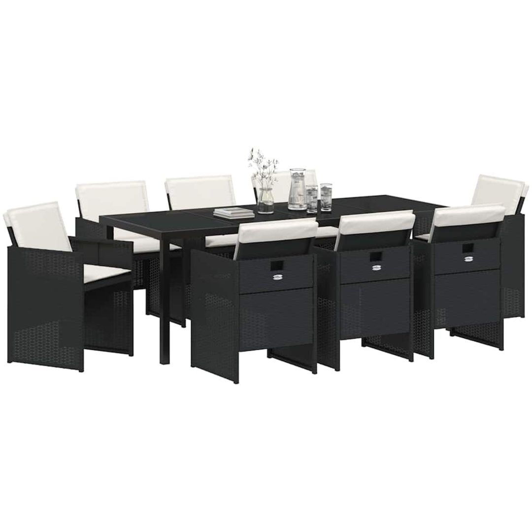 9-delars trädgårdsdining-set med kuddar i svart polyrotting vidaXL 200 x 80 x 73 cm – bild 3