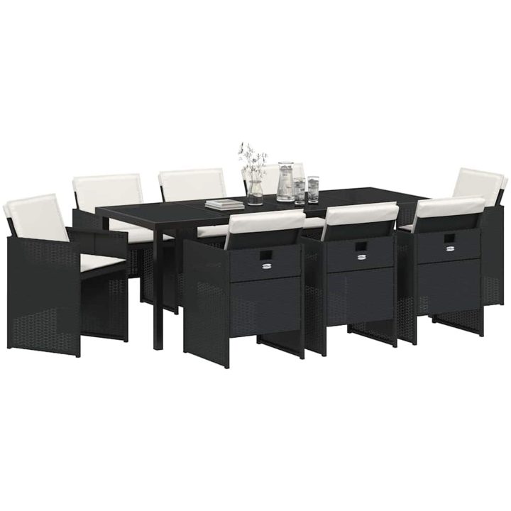 9-delars trädgårdsdining-set med kuddar i svart polyrotting vidaXL 200 x 80 x 73 cm – bild 3
