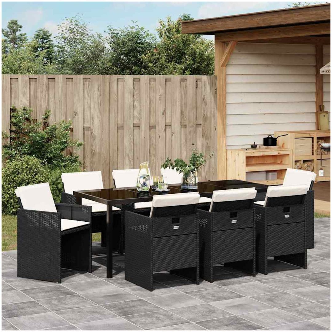 9-delars trädgårdsdining-set med kuddar i svart polyrotting vidaXL 200 x 80 x 73 cm – bild 4