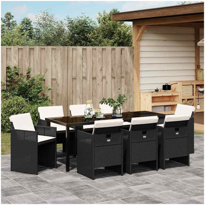 9-delars trädgårdsdining-set med kuddar i svart polyrotting vidaXL 200 x 80 x 73 cm – bild 4