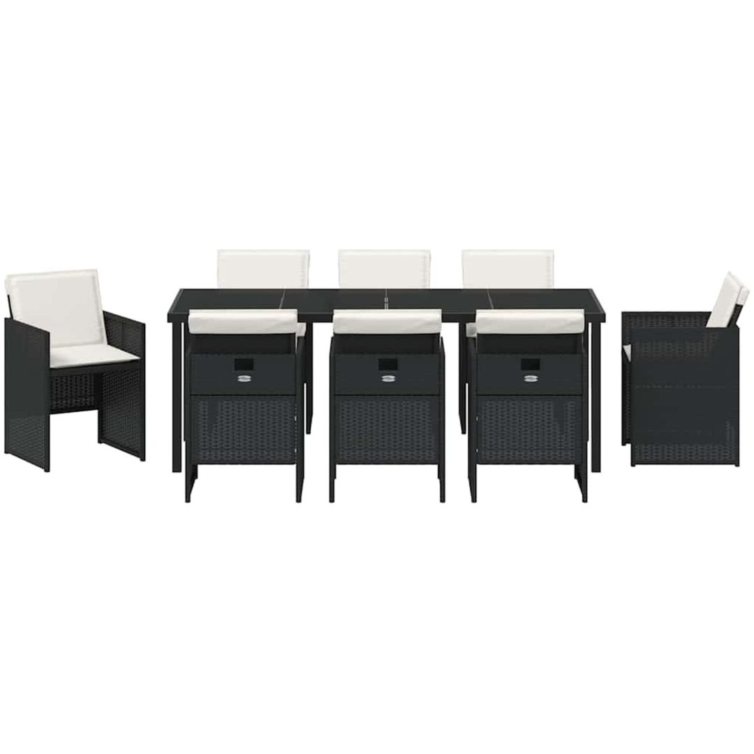 9-delars trädgårdsdining-set med kuddar i svart polyrotting vidaXL 200 x 80 x 73 cm – bild 6