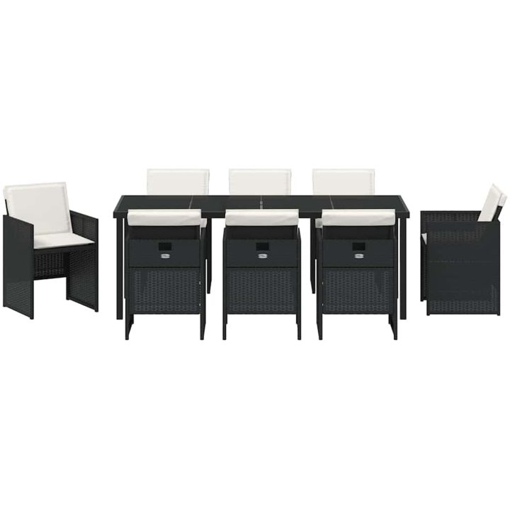 9-delars trädgårdsdining-set med kuddar i svart polyrotting vidaXL 200 x 80 x 73 cm – bild 6