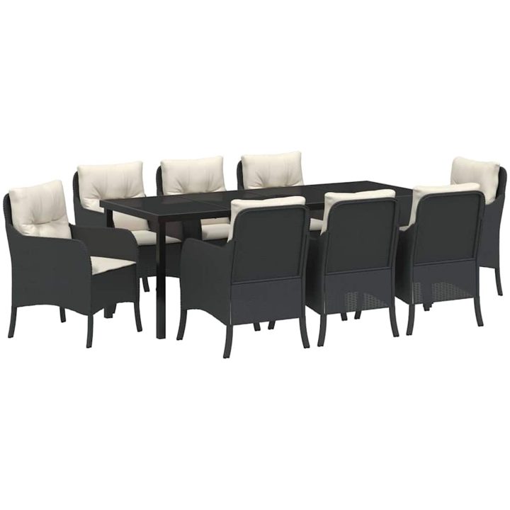9-delars Trädgårdsdining Set med Kuddar Svart Poly-konstrotting vidaXL 200 x 80 x 73 cm – bild 2
