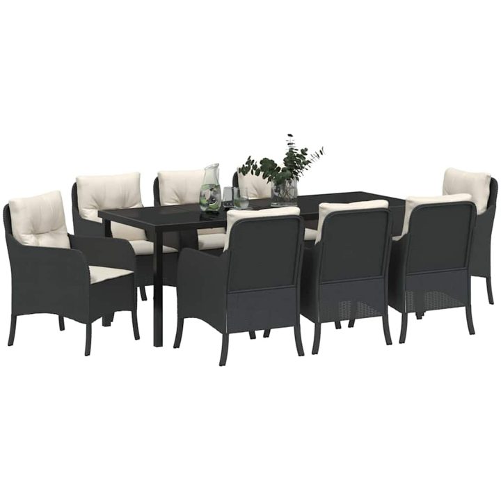 9-delars Trädgårdsdining Set med Kuddar Svart Poly-konstrotting vidaXL 200 x 80 x 73 cm – bild 3