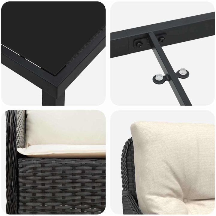 9-delars Trädgårdsdining Set med Kuddar Svart Poly-konstrotting vidaXL 200 x 80 x 73 cm – bild 7