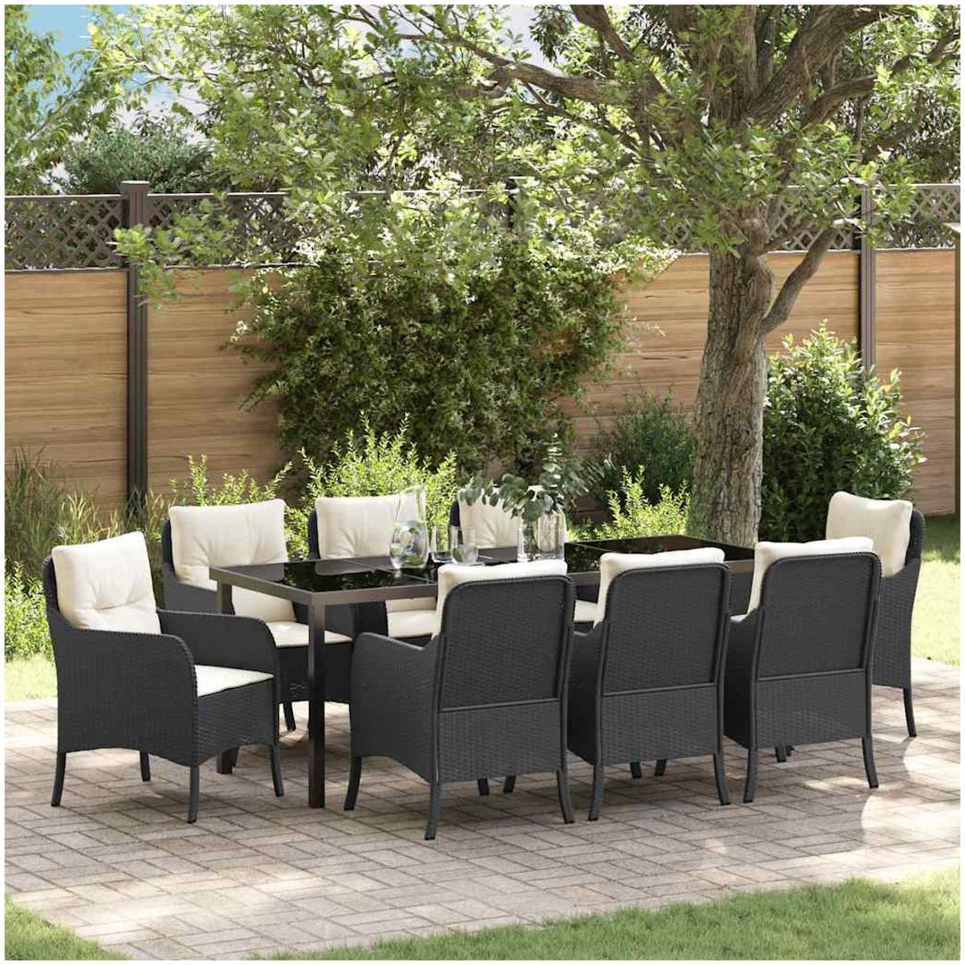 9-delars Trädgårdsdining Set med Kuddar Svart Poly-konstrotting vidaXL 200 x 80 x 73 cm