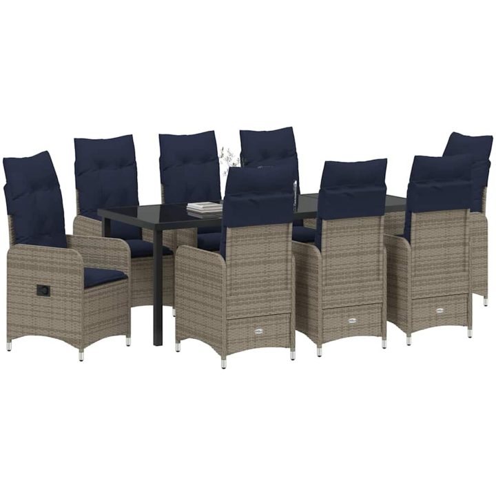9-delars trädgårdsdining set med kuddar, svart poly rattan vidaXL 200 x 80 x 73 cm – bild 3